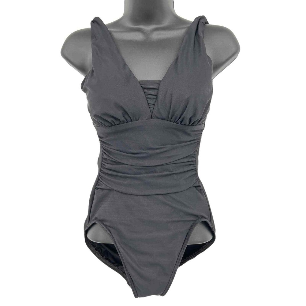 Lands' End Women One Piece Swimsuit 4L Black‎ Excellent Ruched Tummy Control